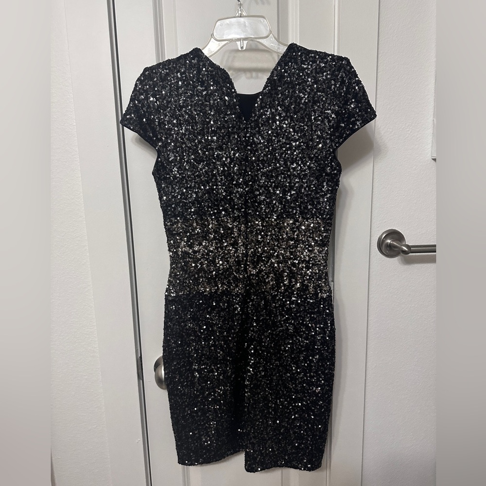 Black and Gold Sequin Cap Sleeve Dress.